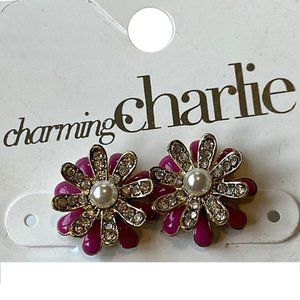 Charming Charlie Pink, Rhinestone, Pearl Earrings